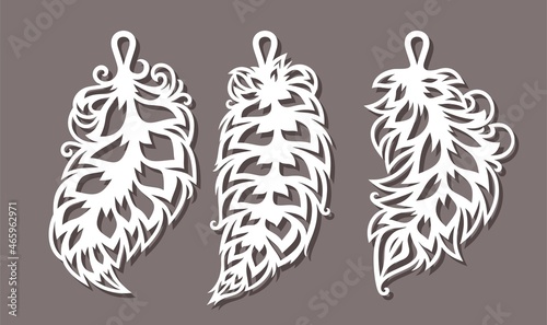 Set of feathers, leaves pendants. Hanging decoration for interior, decorative jewelry or keychain. Vector template for plotter laser cutting of paper, fretwork, wood carving, metal engraving, cnc. 