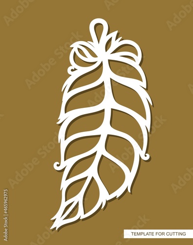 White feather pendant on brown background. Keychain, jewelry pendant, hanging Christmas tree decoration. Template for plotter laser cutting of paper, metal engraving, wood carving, cnc. Vector image.