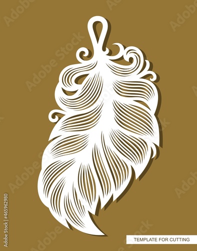 Hanging decoration - feather pendant. Carved decorative element in the shape of a leaf for costume jewelry. Template for plotter laser cutting of paper, wood, metal engraving, cnc. Vector illustration