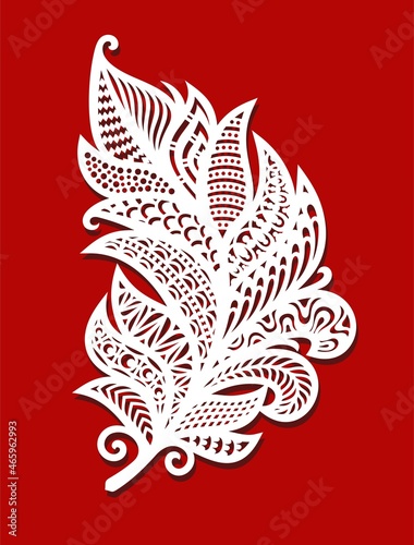 Decorative stylized feather, leaf, quill. Openwork ornament of curls, beautiful folk motives, ethnic patterns. Template for plotter laser cutting of paper, plywood, metal engraving, wood carving, cnc.