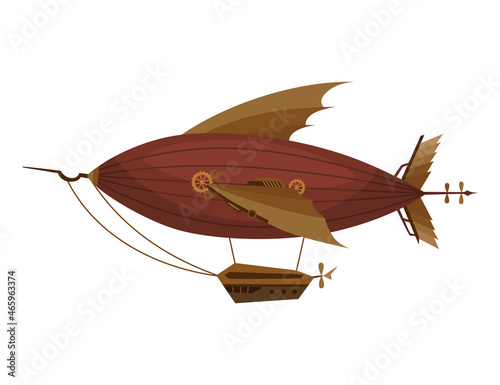 Steampunk technology, fantasy vintage illustration with cartoon mechanical vehicle. Steam punk invention. Airship with mechanical element