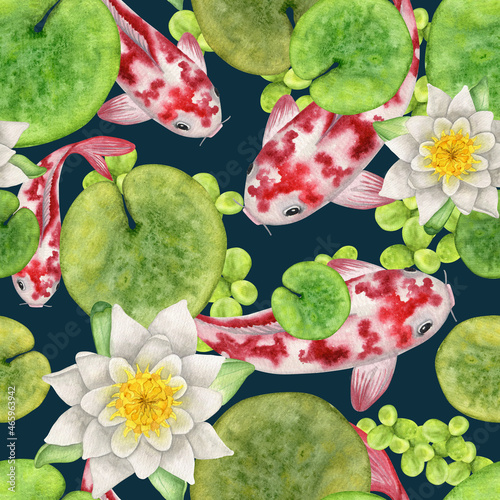 Japanese Koi fish and white water lily in pond watercolor seamless pattern