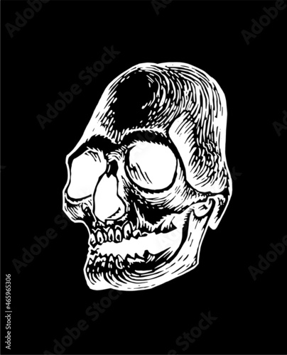 Graphical Mayan skull isolated on black, long skull of ancient tribe, vector illustration, halloween element.Paleontology 