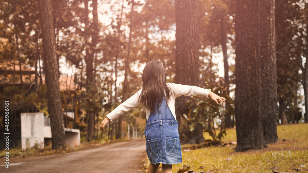 Little girl walking on the balance beam in the park. Childhood happiness concept. Little girl walking on the balance beam in the park. Childhood happiness concept.