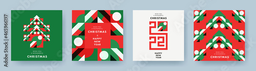 Christmas Set of greeting cards, posters, holiday covers. Geometric Xmas design with stylized Christmas Tree made of geometric shapes and New Year 2022 logo text design in red, green, white colors