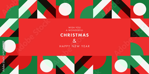 Christmas greeting card, banner, poster, holiday cover. Modern geometric Xmas design with stylized Christmas Tree pattern made of geometric shapes in red, green, black and white colors.