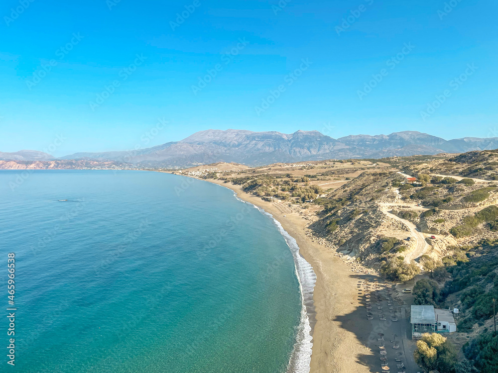Sea like a mirror at the Komo beach in the south of Crete in Greece. With its golden sand stretches for more than four kilometres on the western edge of the fertile Messara plain