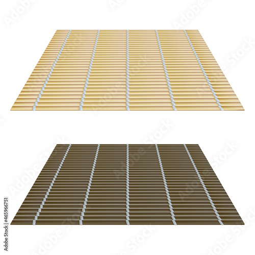 Set of bamboo mats. Top view of brown and light traditional Japanese kitchen utensils. Bamboo sticks with cotton thread. Vector illustration of a mat for making sushi and rolls isolated on white