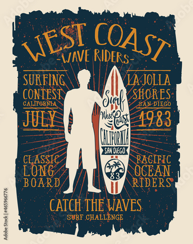 California wave rider surf contest signboard vector artwork for boy t shirt