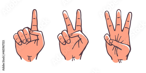 Set of counting one two three hand sign. Three steps or options concept.