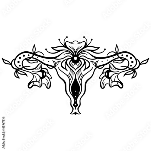 Decorative drawing of female uterus with flowers. Girl power, feminism, female nature. Vector illustration isolated on white.
