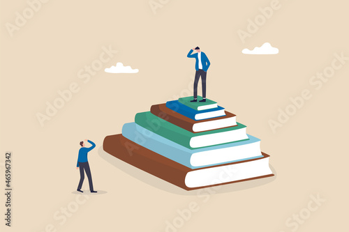 Education inequity, academic degree or institution bias, imbalance or chance or access to knowledge, school dropout concept, success young man on top of stack of textbooks look at other on the floor. photo