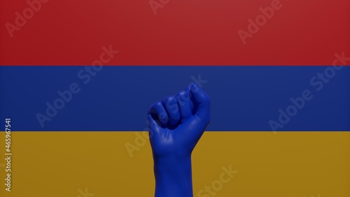 A single raised blue fist in the center in front of the national flag of Armenia