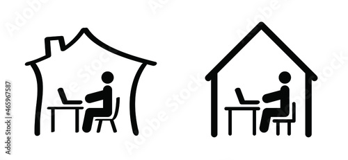 Cartoon office, Work from home space. Coronavirus, working from home . Stay ad home, covid 19. Working on a laptop concept. Vector workplace quarantine logo or icon. Stickman or sticj figure. man..