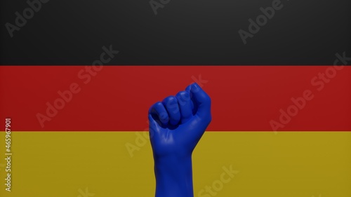 A single raised blue fist in the center in front of the national flag of Germany