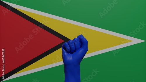 A single raised blue fist in the center in front of the national flag of Guyana