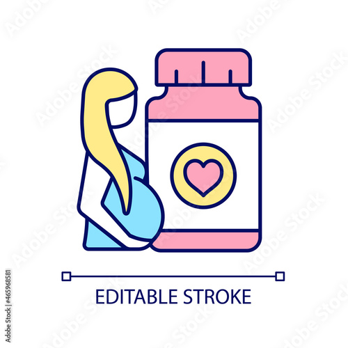 Supplements for pregnant women RGB color icon. Pregnancy complementary medicines. Reducing risk of problems in baby development. Isolated vector illustration. Simple filled line drawing
