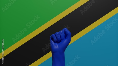 A single raised blue fist in the center in front of the national flag of Tanzania