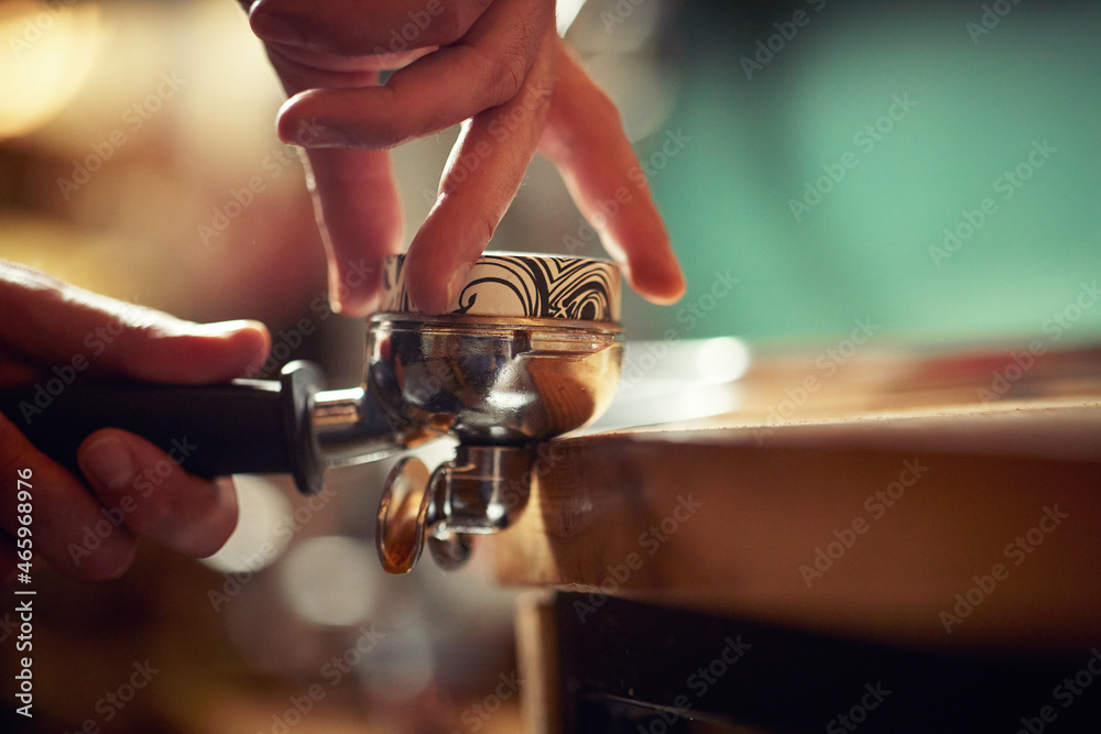 Hands are using espresso apparatus utensil. Coffee, beverage, bar Hands are using espresso apparatus utensil. Coffee, beverage, bar