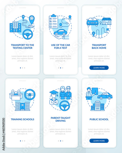 Driver education offers blue onboarding mobile app page screen set. Course for teens walkthrough 3 steps graphic instructions with concepts. UI, UX, GUI vector template with linear color illustrations