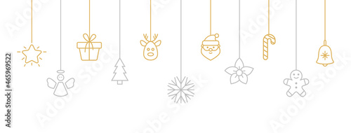 Holiday gold and silver baubles with snowflake, santa, christmas tree, reindeer, candy, angel, gift box. Christmas hanging on white background. New year card. Party design element. Vector illustration