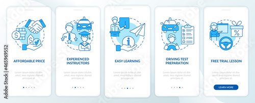 Driving school benefits blue onboarding mobile app page screen. Advantages walkthrough 5 steps graphic instructions with concepts. UI, UX, GUI vector template with linear color illustrations