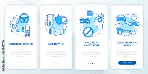 Driving course results blue onboarding mobile app page screen. Drivers license walkthrough 4 steps graphic instructions with concepts. UI, UX, GUI vector template with linear color illustrations