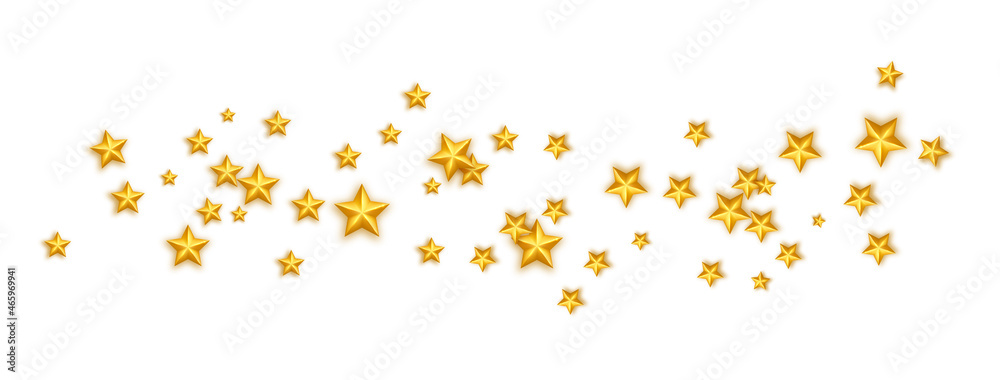 Golden realistic stars wave on white long background. Christmas texture. Starry frame. Glitter elegant design element. Gold shooting star. Stardust trail. Galaxy magic decoration. Vector illustration
