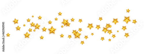 Golden realistic stars wave on white long background. Christmas texture. Starry frame. Glitter elegant design element. Gold shooting star. Stardust trail. Galaxy magic decoration. Vector illustration