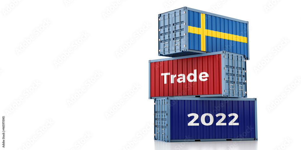 Trading 2022. Freight container with Sweden national flag. 3D Rendering Trading 2022. Freight container with Sweden national flag. 3D Rendering