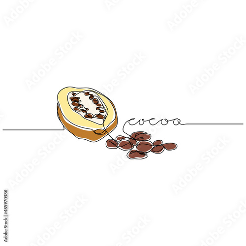 Continuous line drawing of open cocoa pod and cocoa beans with text COCOA. Minimalistic art.