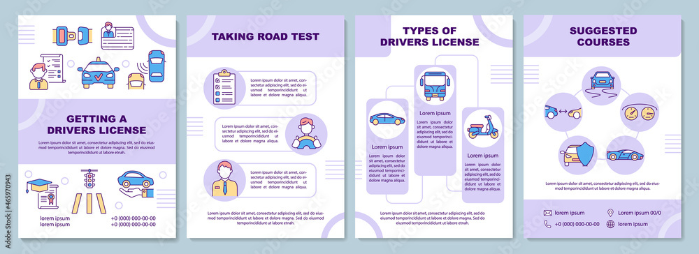 Driving school brochure template. Drivers education. Flyer, booklet, leaflet print, cover design with linear icons. Vector layouts for presentation, annual reports, advertisement pages