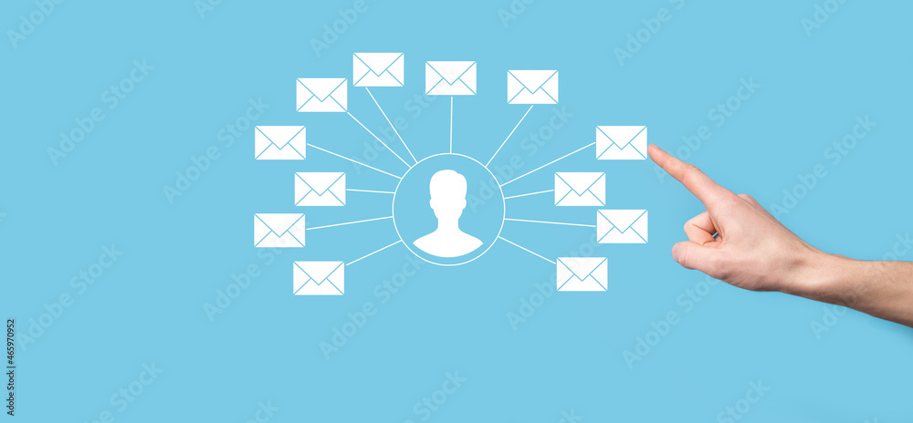 Male hand holding letter icon,email icons .Contact us by newsletter email and protect your personal information from spam mail. Customer service call center contact us.Email marketing and newsletter
