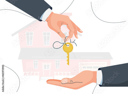 Buying a house vector illustration. Buyer brings keys for home purchase dealing. Seller gives house to a customer. Deal sale, mortgage, real estate property concept. Flat modern design