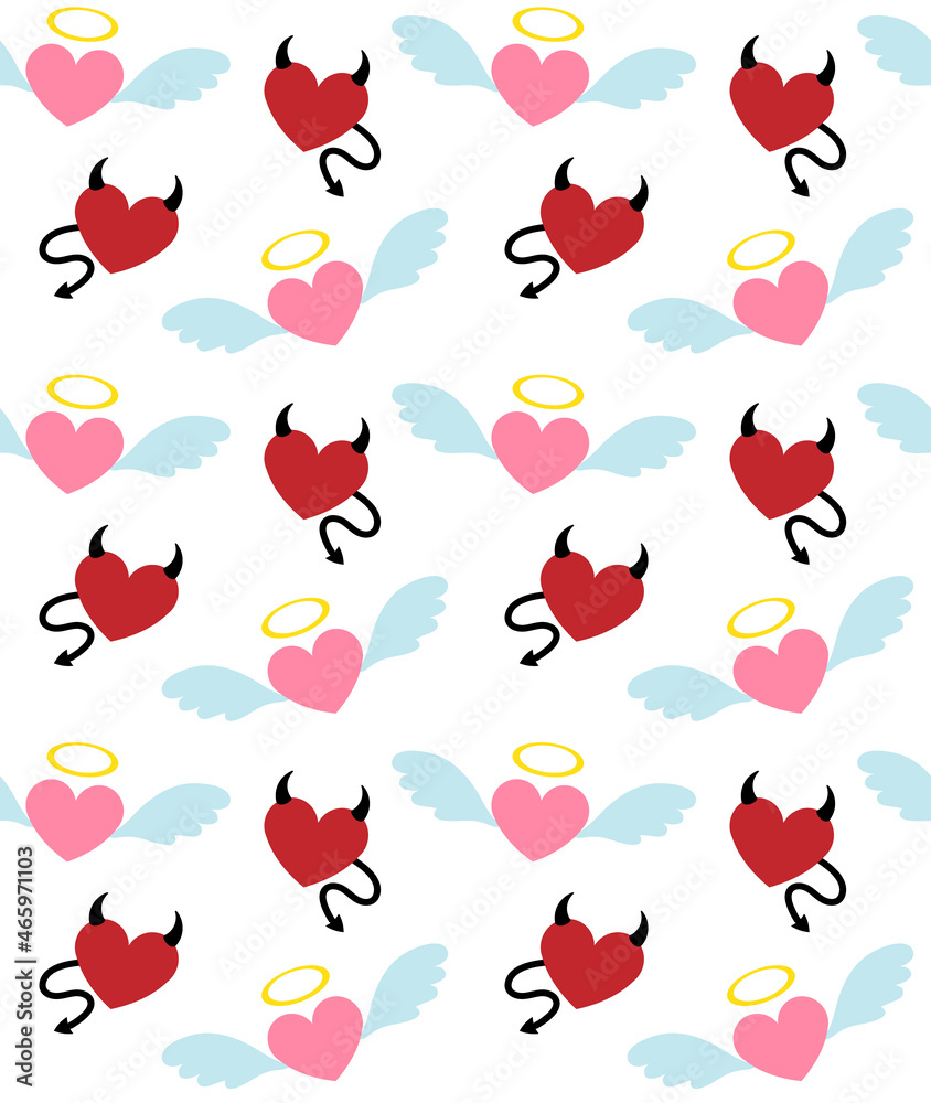 Vector seamless pattern of flat cartoon heart with angel wings nimbus and devil horns tail isolated on white background
