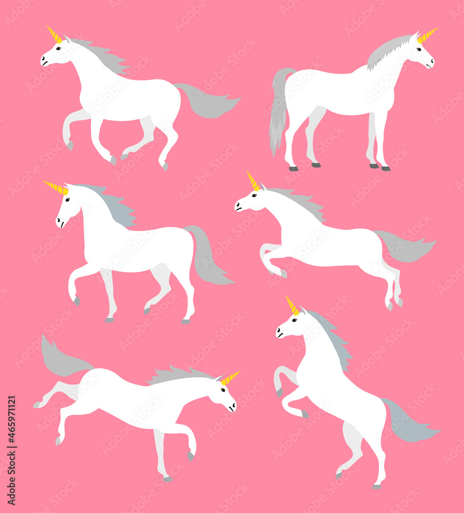 Vector set bundle of flat cartoon unicorn isolated on pink background