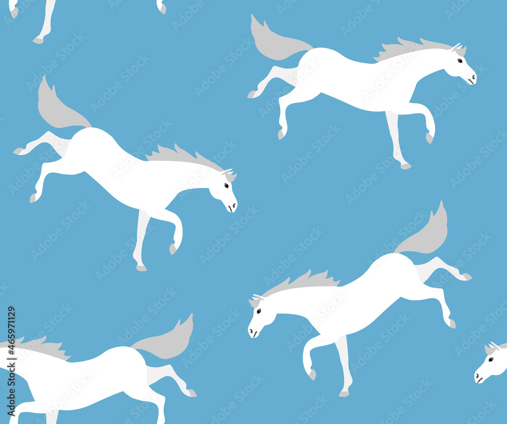Vector seamless pattern of flat cartoon horse kicking isolated on blue background