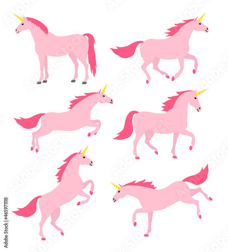 Vector set bundle of flat cartoon unicorn isolated on white background