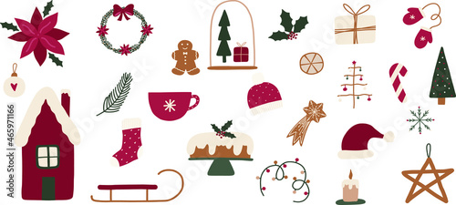 Christmas different elements with Christmas ball  cup of tea  hat  mittens  cupcake  poinsettia  candy  sled  garland  house  fir tree and snowflakes. Vector graphics.