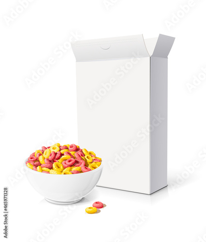 Corn rings in ceramic bowl. Traditional dry corn flakes breakfast food, Isolated on white background. Vector illustration.