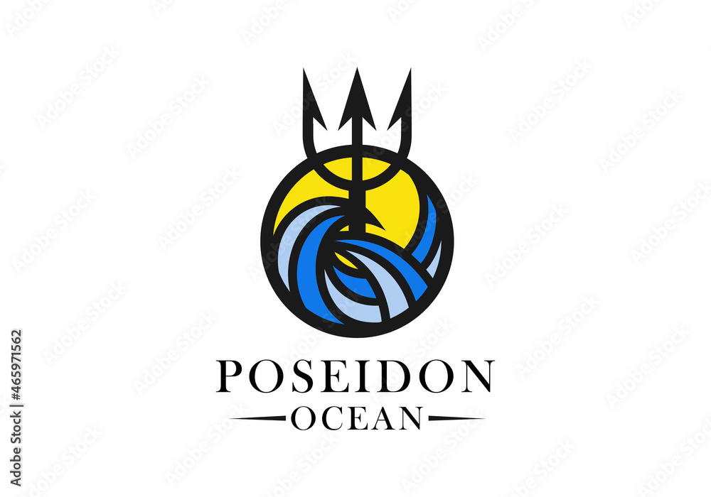 Logo poseidon Ocean For Cafe Restaurant Beverages And Food - obrazy, fototapety, plakaty 