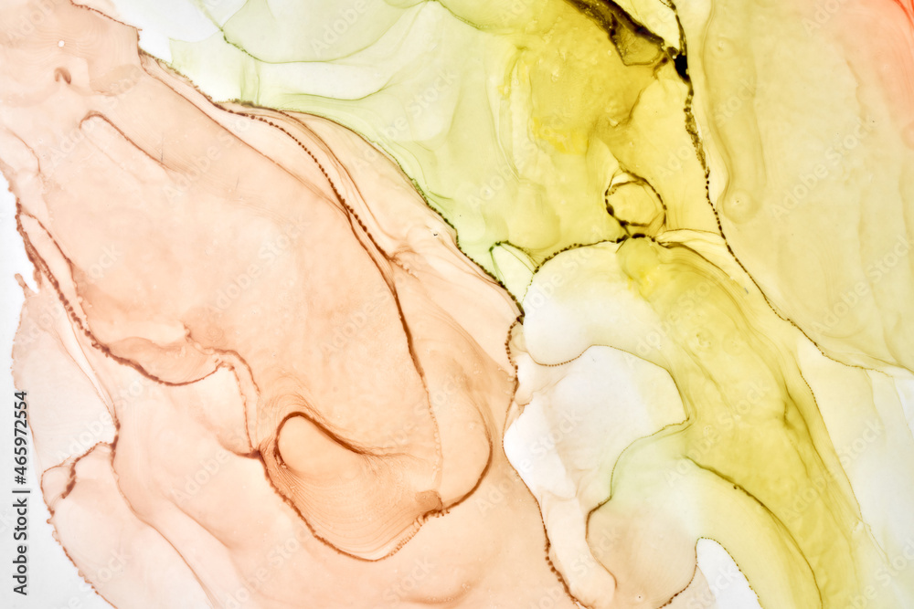 Fototapeta premium Abstract ocher green watercolor background. Yellow orange brown paint stains and spots in water, luxury fluid liquid art wallpaper, autumn colors mix