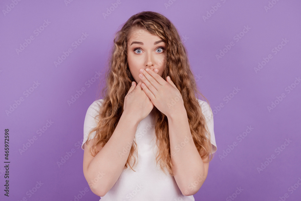 Photo of speechless voiceless lady palms cover mouth shut up sign wear casual outfit on purple background