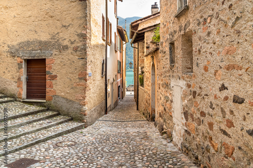 Narrow cobblestone streets in the picturesque village Morcote on the Lake Lugano, Ticino, Switzerland.