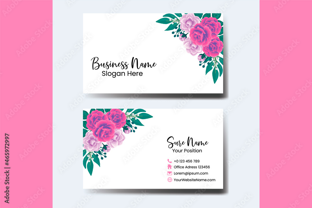 Business Card Template Rose with Anemone Flower .Double-sided Name Card Pink Colors. Flat Design Vector Illustration. Stationery Design