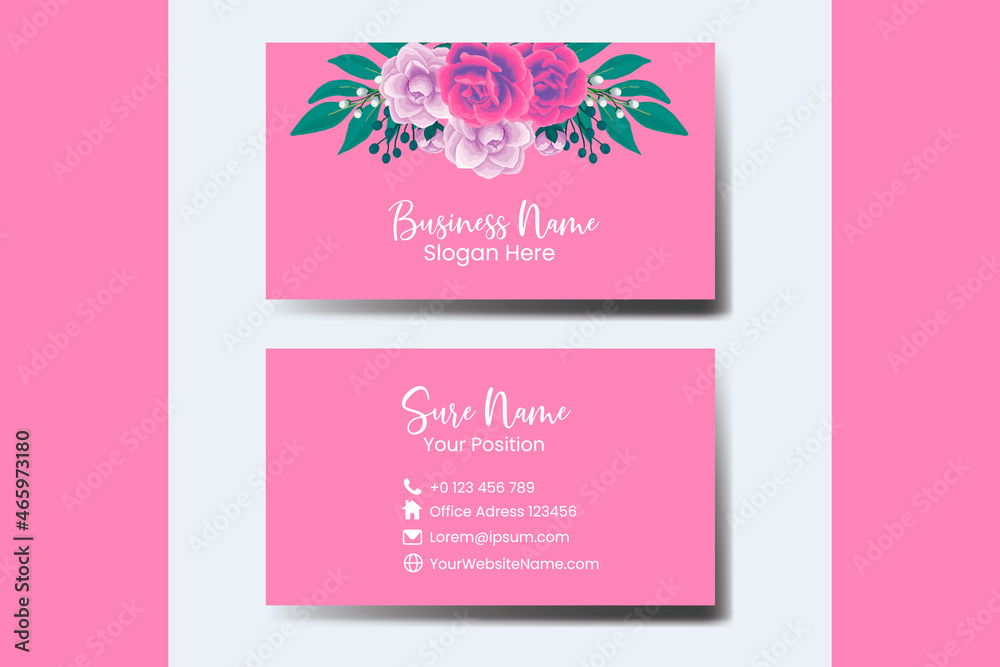 Business Card Template Rose with Anemone Flower .Double-sided Name Card Pink Colors. Flat Design Vector Illustration. Stationery Design