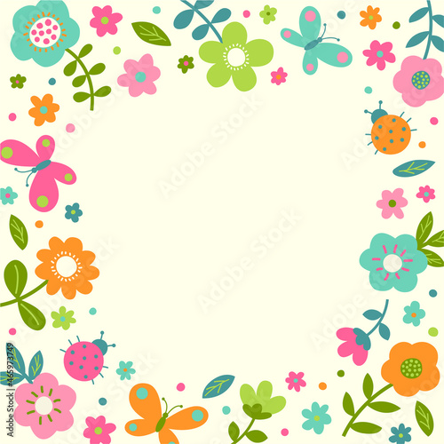 Cute pastel flower, butterfly and ladybug border frame vector.