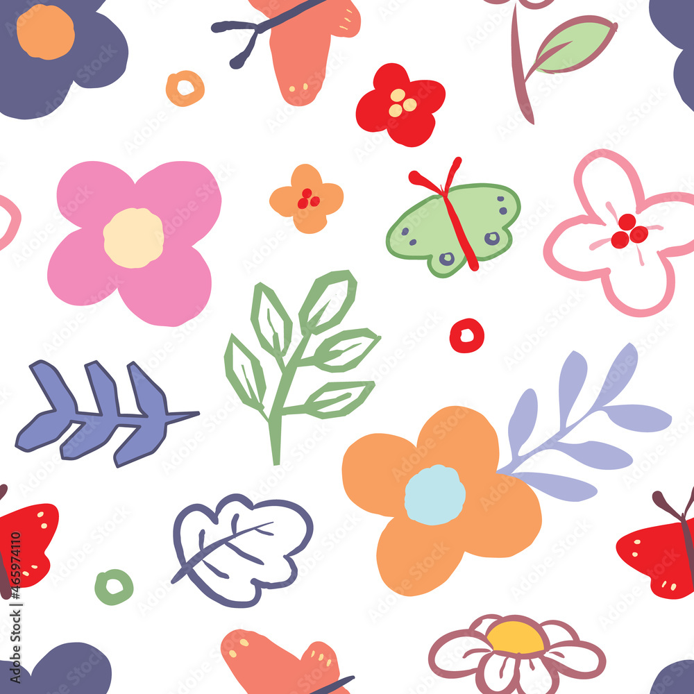 Seamless Pattern with Flower and Butterfly Design on White Background Seamless Pattern with Flower and Butterfly Design on White Background