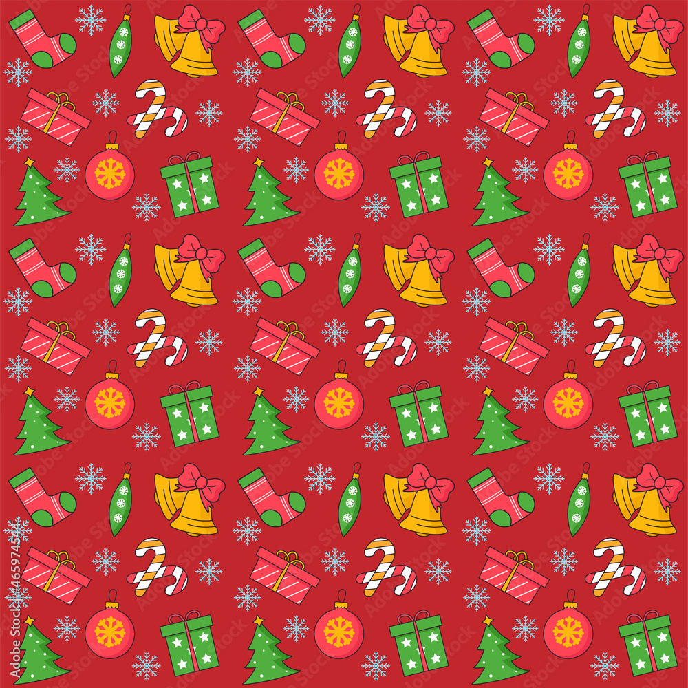 Pattern Christmas seamless on red background. Bell, gift, toy, Christmas tree. Pattern Christmas seamless on red background. Bell, gift, toy, Christmas tree.