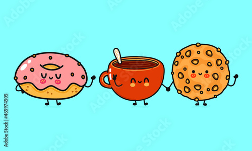 Funny cute happy oatmeal cookies, cup of coffee and donut characters bundle set. Vector kawaii line cartoon style illustration. Oatmeal cookies, cup of coffee and donut friends concept